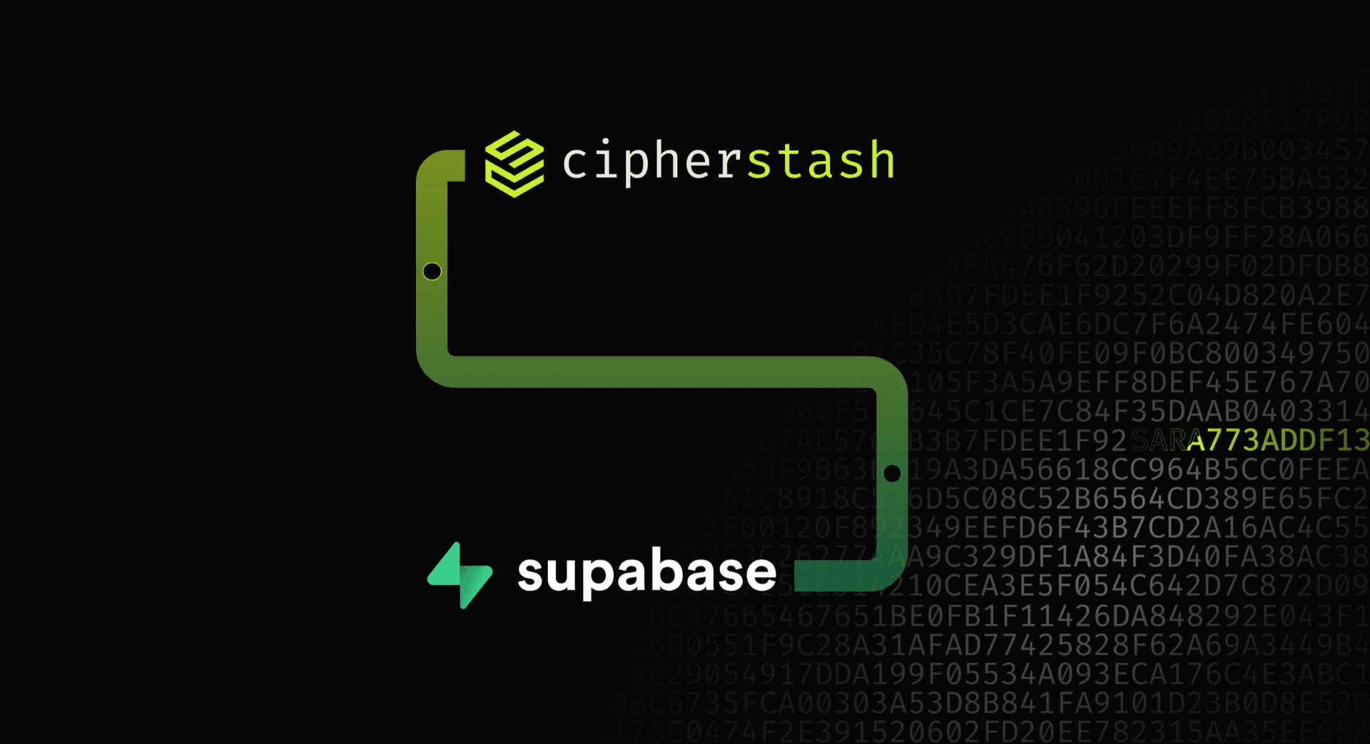 CipherStash and Supabase — the CipherStash and Supabase logos linked by a data path over a field of ciphertext