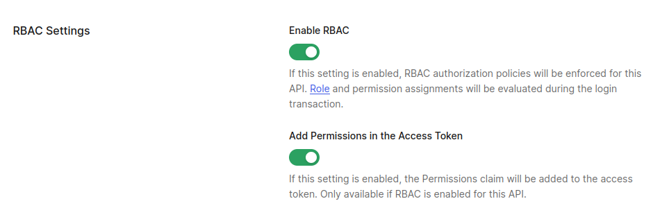 The Auth0 RBAC settings section with "Enable RBAC" and "Add Permissions in the Access Token" enabled