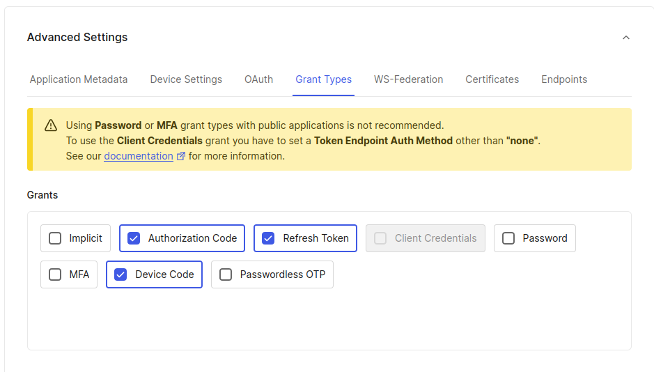 The "Grant Types" section of the application "Advanced Settings" with "Device Code", "Authorization Code" and "Refresh Token" enabled